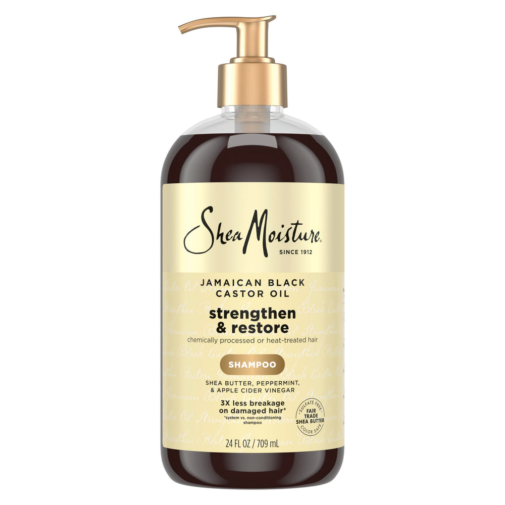 SheaMoisture Strengthen and Restore Shampoo bottle front highlights Jamaican Black Castor Oil for damaged hair