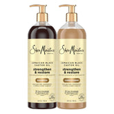 SheaMoisture Strengthen & Restore shampoo bottle pour showing hydration and cleansing