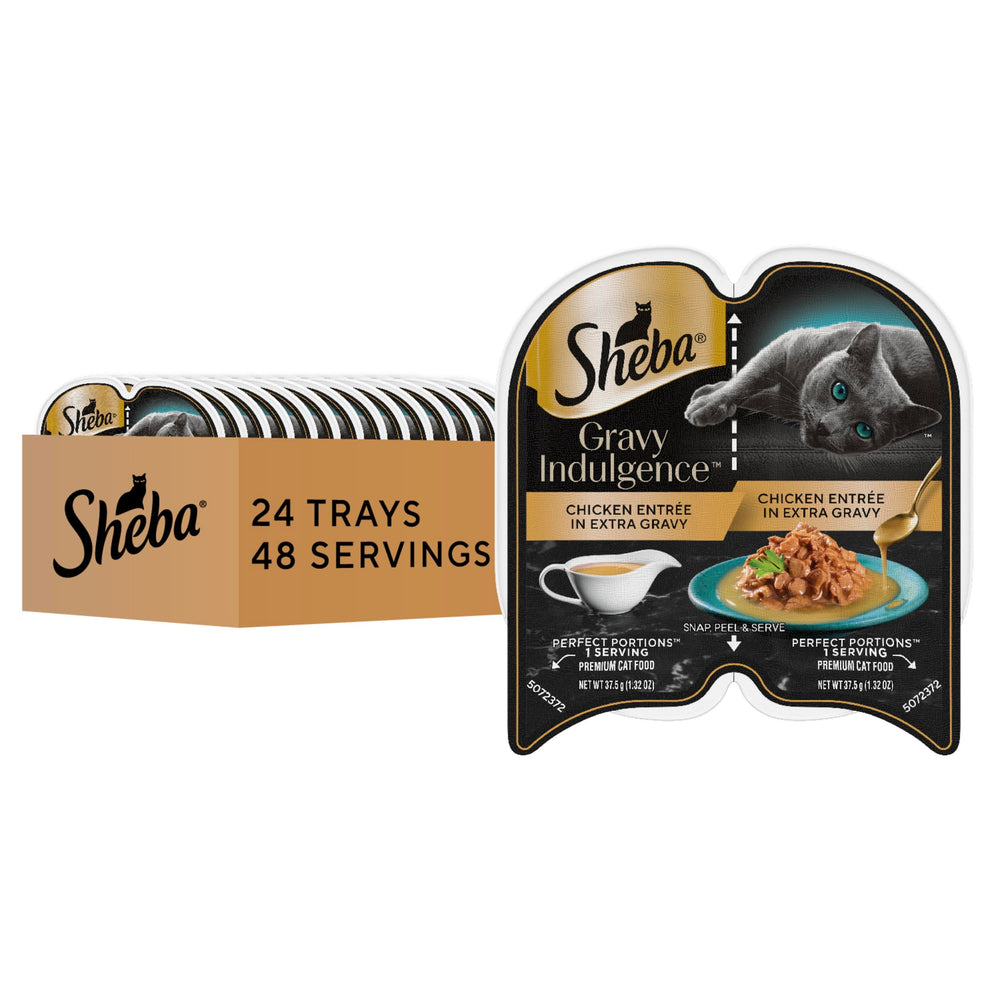 Sheba Gravy Indulgence twin-pack trays shown for easy, mess-free serving.