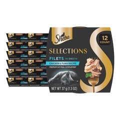 Sheba Selections Filets in Broth cups with chicken and tuna in savory broth for meals.