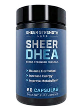 Sheer Strength DHEA 100mg bottle, easy-to-swallow capsules for daily hormone support.