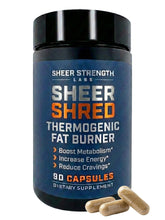 Sheer Strength Labs bottle on gym bench; supports steady energy during workouts.
