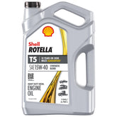 Shell Rotella T5 15W-40 diesel oil bottle for heavy-duty engine protection.