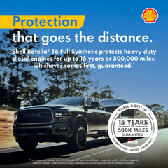 Shell Rotella T6 label close-up showing emissions compatibility and approvals.