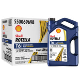 Shell Rotella T6 10W-30 bottle with full synthetic protection for heavy-duty engines.