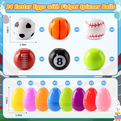 Prefilled eggs reveal smooth spinner balls, enhancing play during Easter egg hunts.