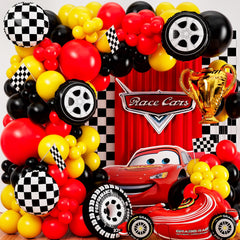 SHERYL DECOR Race Car Balloon Arch Kit creates a dramatic birthday centerpiece.
