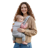 Shiaon baby carrier front view shows ergonomic support for parent and baby.