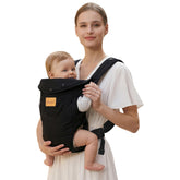 Shiaon baby carrier in black, front view, suitable for newborns and toddlers.