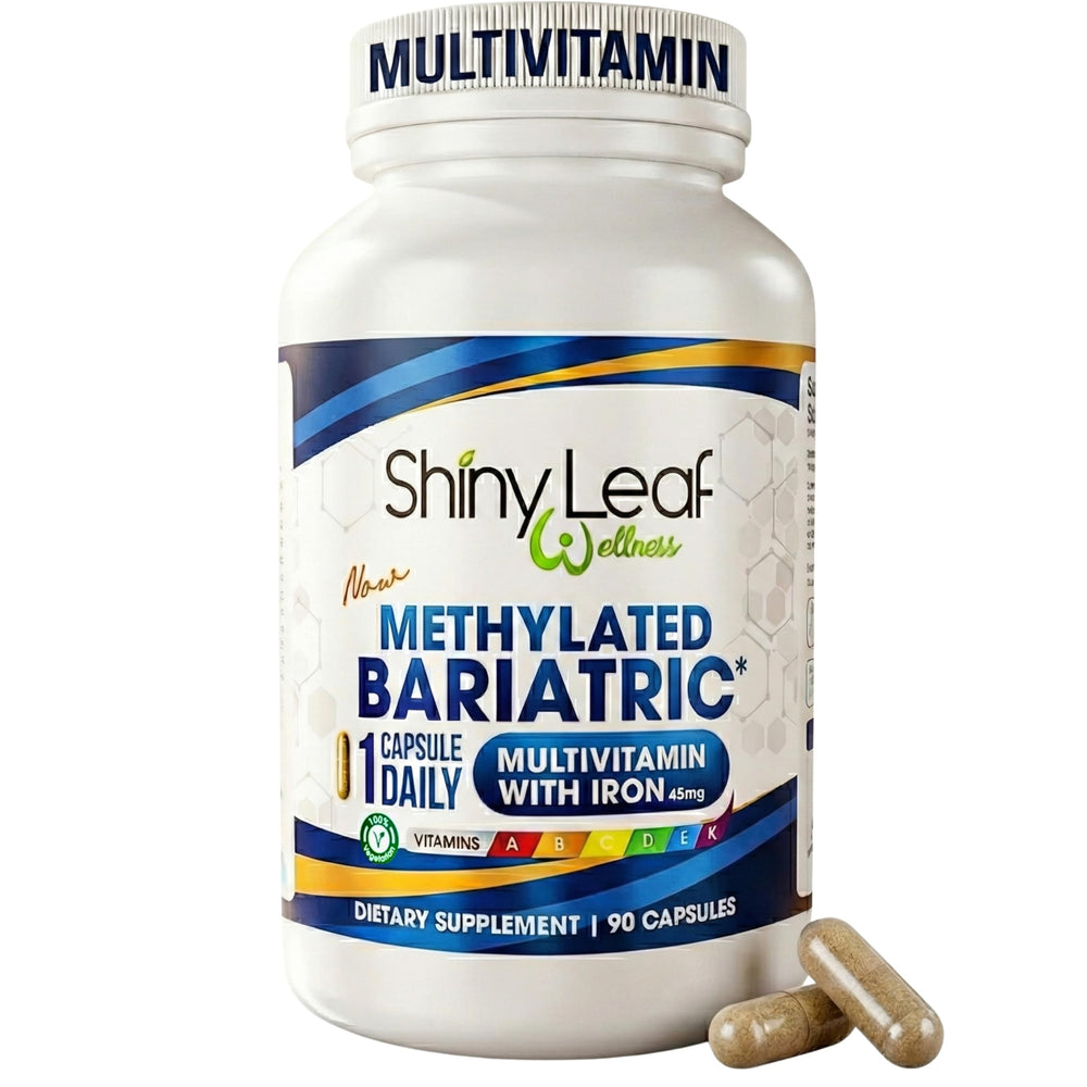 Shiny Leaf bariatric multivitamin bottle with iron for daily energy support.