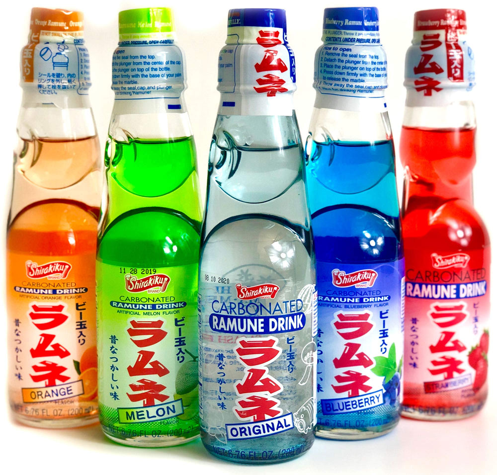 Shirakiku Ramune variety pack glass bottles with five flavors for a refreshing decaf tasting experience.