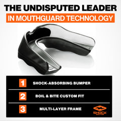 Shock Doctor Pro Mouth Guard shows boil-and-bite fit for a customized seal.