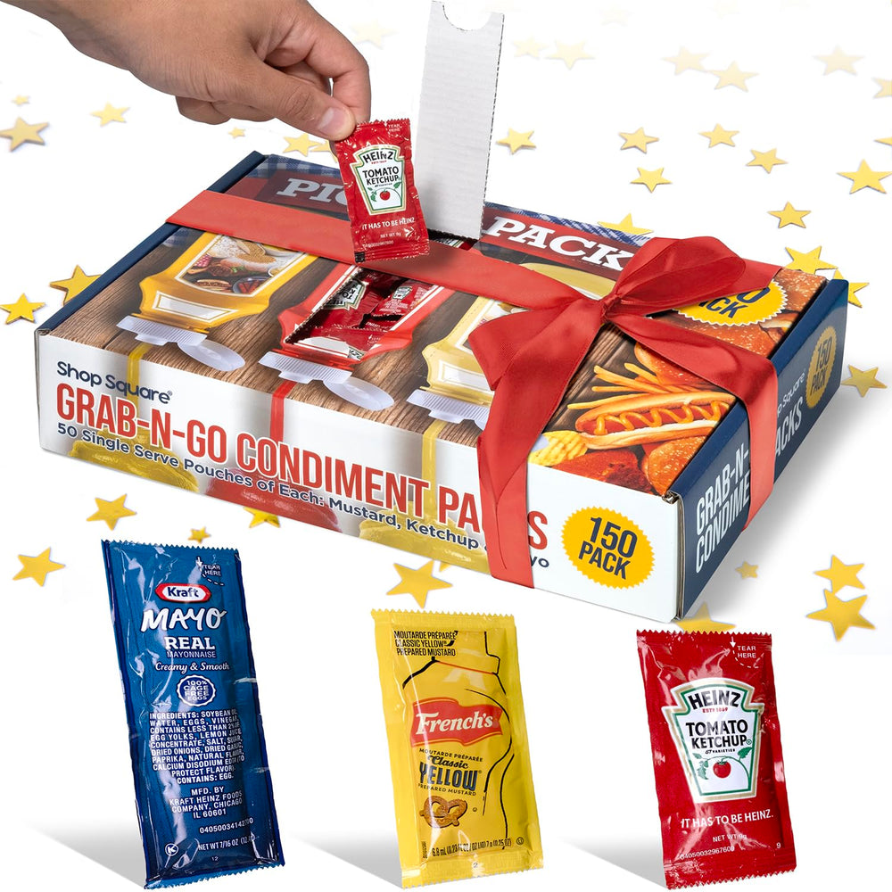 Shop Square grab-n-go condiment packs in dispenser box for quick, mess-free access.