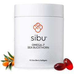Sibu Sea Buckthorn Omega-7 softgels bottle front suggesting daily skin and nails support.