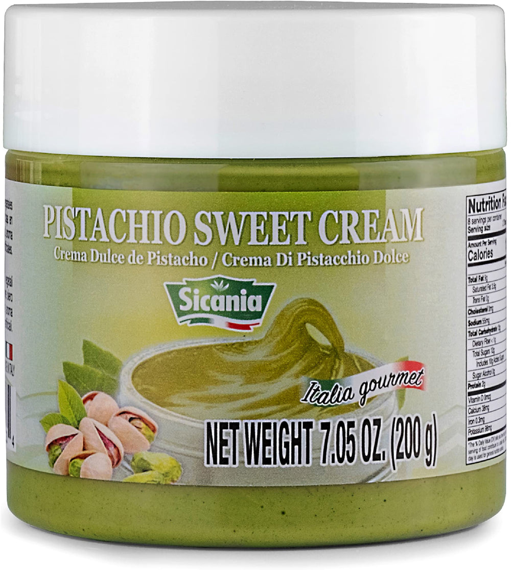 SICANIA premium pistachio cream in a 7oz jar, ideal for rich spreads.