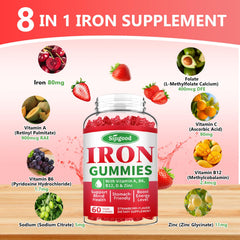 Sijigood iron gummies nutrition label highlighting vitamins C and B12.