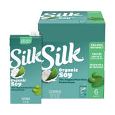 Silk shelf-stable organic soy milk unsweetened six-pack ready for pantry storage