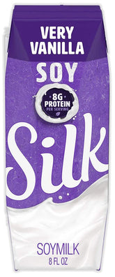 Silk shelf-stable vanilla soymilk packaging offers a dairy-free pantry staple.