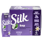 Silk soy milk singles very vanilla carton front showing dairy-free, vegan beverage option.
