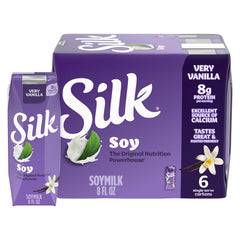 Silk soy milk singles very vanilla carton front showing dairy-free, vegan beverage option.