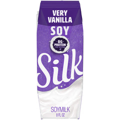 Silk vanilla soymilk carton close-up highlights vegan-friendly packaging.
