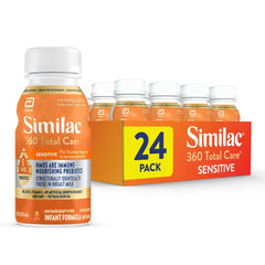 Similac 360 Total Care Sensitive bottle front illustrating gentle formula for fussiness and gas