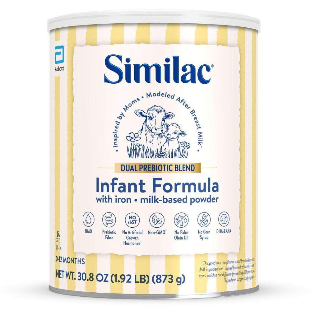 Similac Dual Prebiotic Blend bottle being poured for a gentle feeding moment