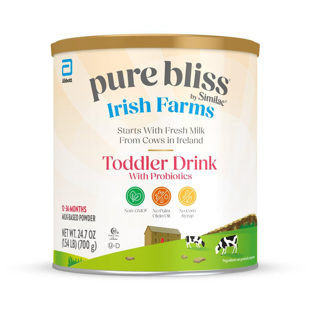 Similac Pure Bliss Irish Farms toddler drink can front view, DHA for brain and eye development.