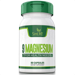 Simlike Magnesium nine-forms bottle closeup highlighting broad absorption potential.