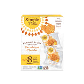 Simple Mills Farmhouse Cheddar crackers in a box, gluten-free snack option.