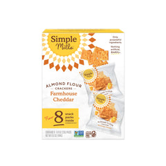 Simple Mills Farmhouse Cheddar crackers in a box, gluten-free snack option.