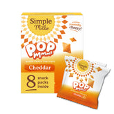 Simple Mills Pop Mmms cheddar snack packs front view with eight gluten-free crackers for lunchboxes