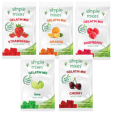 Simple Mixes strawberry gelatin dessert with vibrant color and four servings per carton.