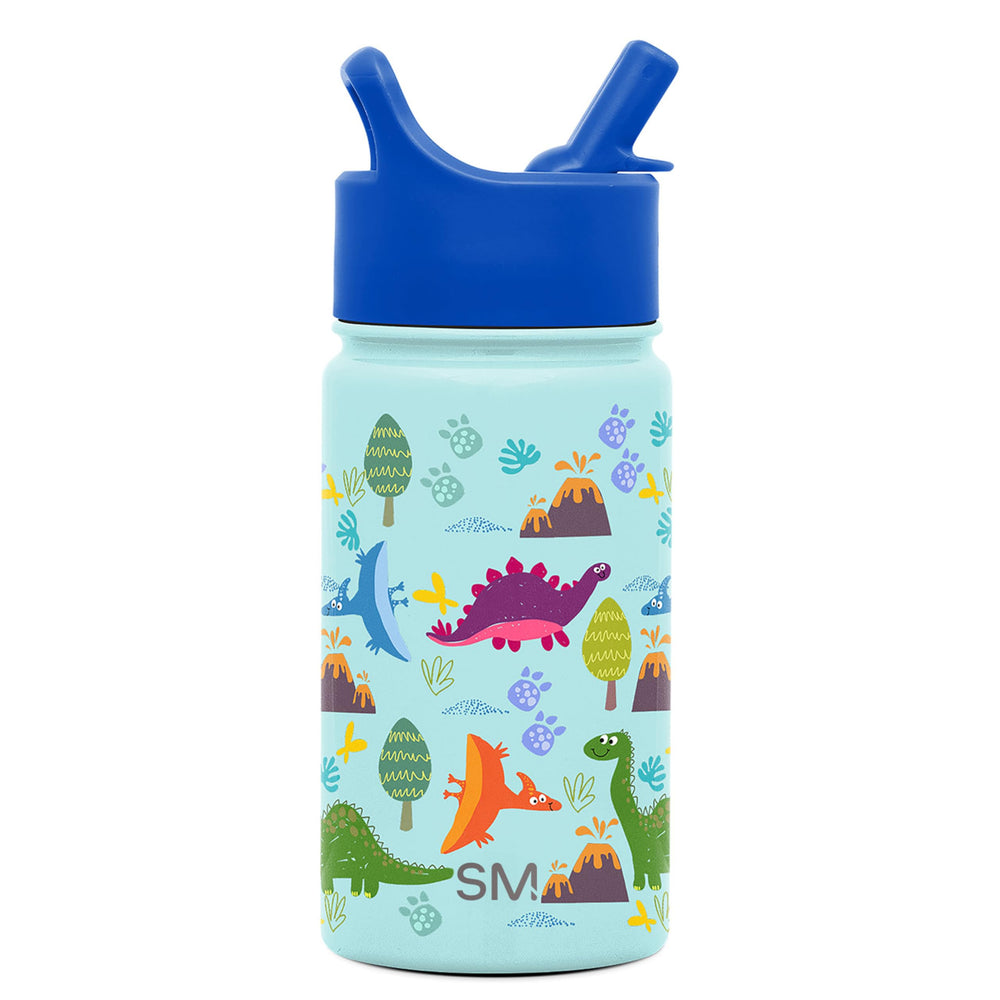 Simple Modern Kids Summit bottle with straw lid for blue-dino design keeps drinks cold for hours.