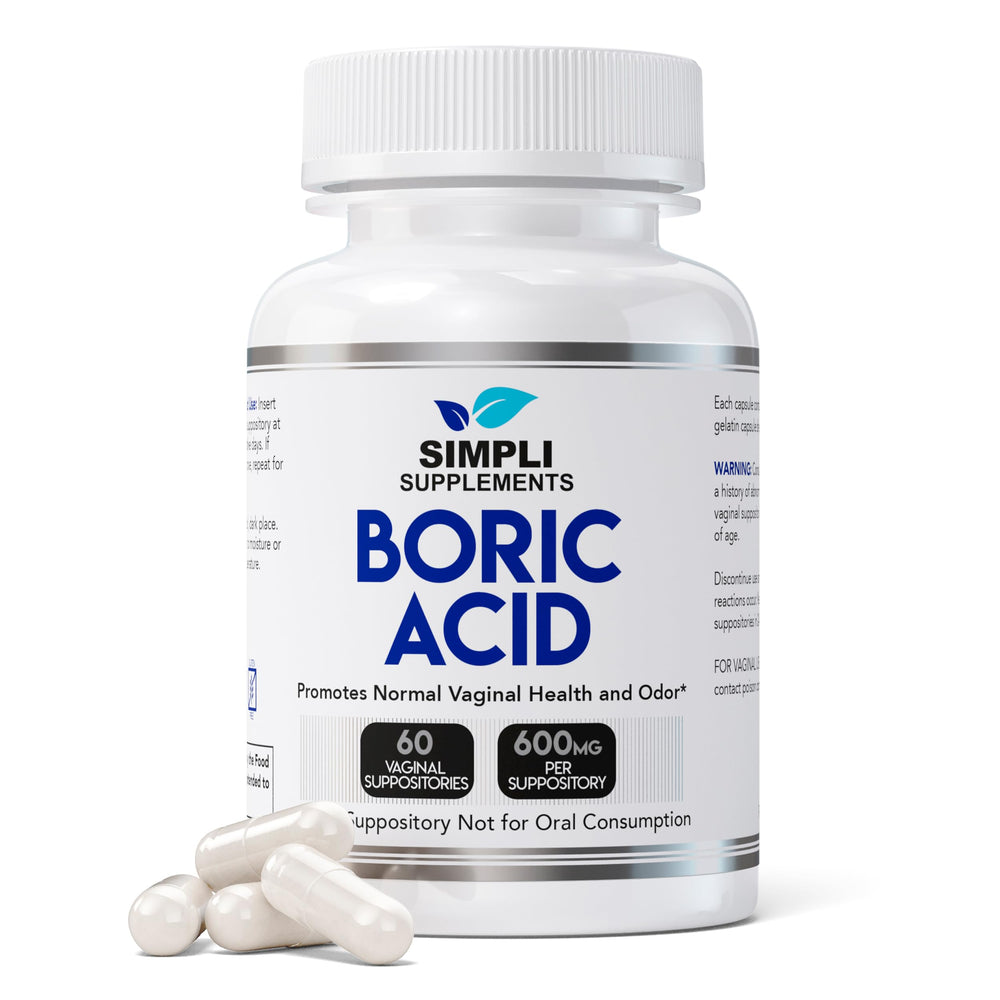 Simpli Supplements boric acid suppositories bottle shows a 600mg dose for daily balance.