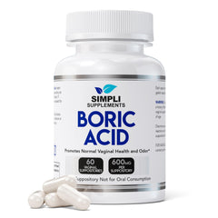 Simpli Supplements boric acid suppositories bottle shows a 600mg dose for daily balance.