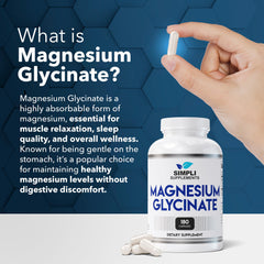 Simpli Magnesium Glycinate close-up shows easy-to-swallow capsules for daily use.