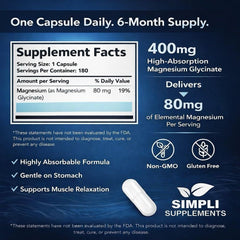 Simpli Magnesium Glycinate label highlights 400 mg per serving and 80 mg elemental magnesium.