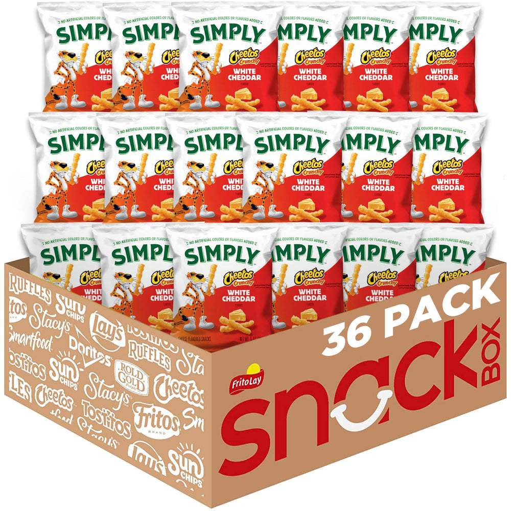 Simply Cheetos Crunchy White Cheddar bags 36-pack ready for sharing at gatherings.