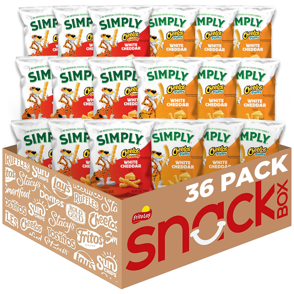 Simply Cheetos White Cheddar Puffs & Crunchy Variety Pack Front shows bold flavor for sharing.