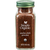Simply Organic Ancho Chili Powder bottle showing rich smoky flavor for Mexican cooking