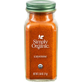 Simply Organic Cayenne bottle closeup highlighting vibrant spice for bold cooking.