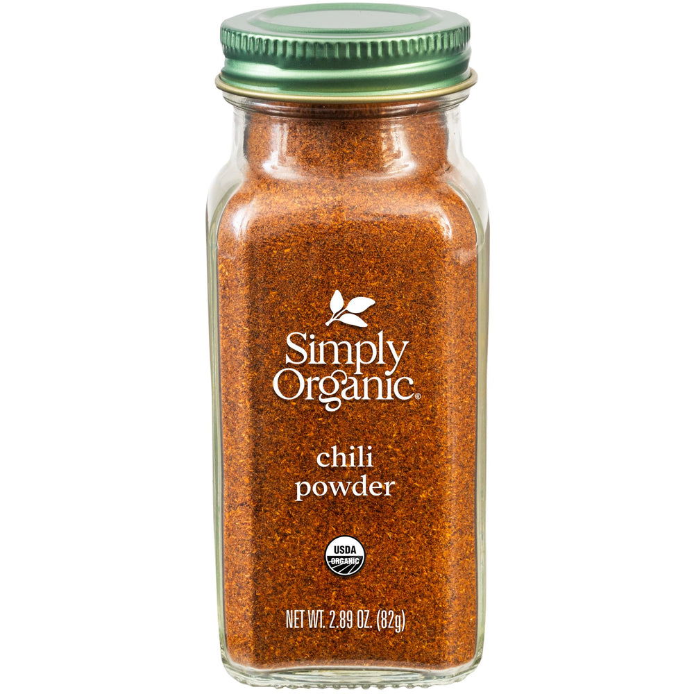 Simply Organic chili powder bottle shows bold organic spices for flavorful meals.