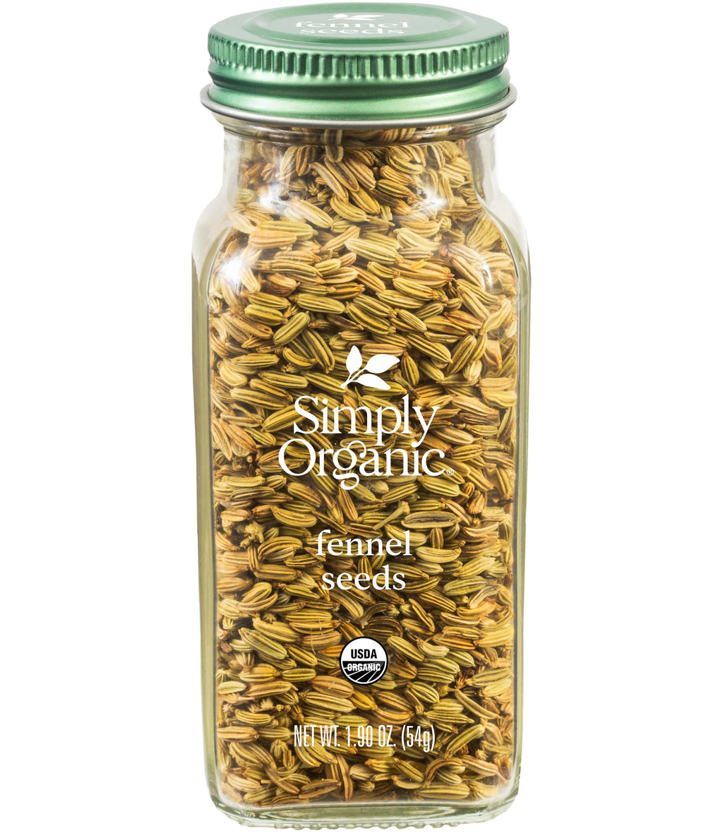 Simply Organic fennel seed bottle with licorice-like aroma, ideal for seafood.
