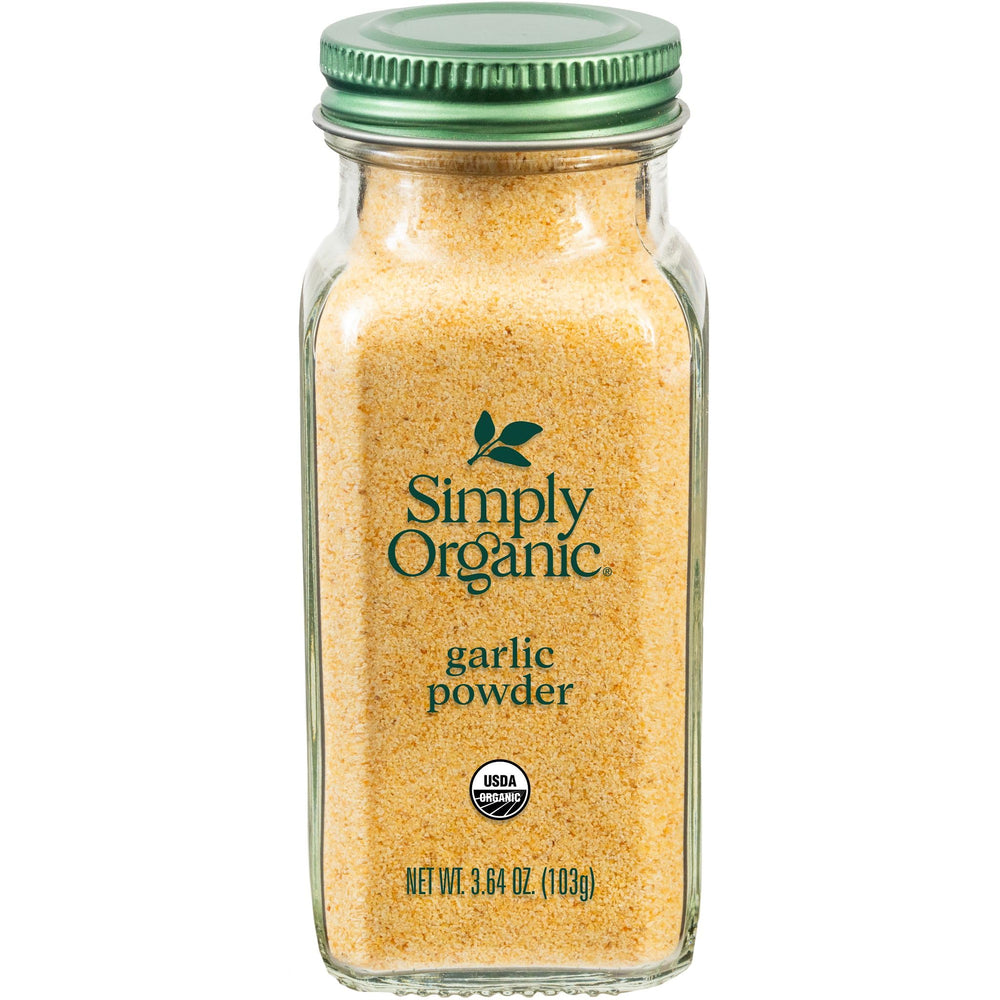 Simply Organic Garlic Powder jar front showing pure A-Grade garlic for rich, savory flavor.