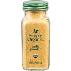 Simply Organic Garlic Powder jar front showing pure A-Grade garlic for rich, savory flavor.