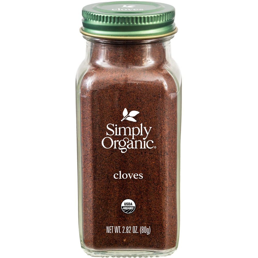 Simply Organic Ground Cloves jar on shelf for warm, aromatic flavor