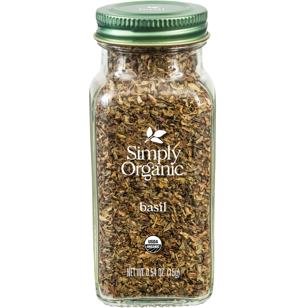 Simply Organic Egyptian Basil Leaf bottle with fresh aroma for pizza and pasta.