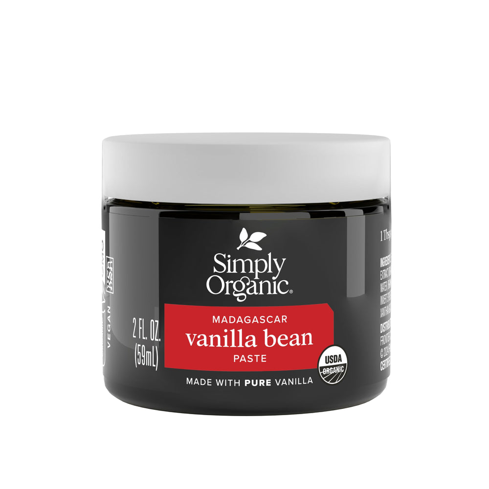 Simply Organic Vanilla Bean Paste jar adds authentic flavor to desserts.