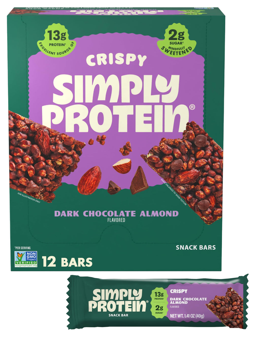 Simply Protein Dark Chocolate Almond Crispy Bar packaging front showcases on-the-go protein boost